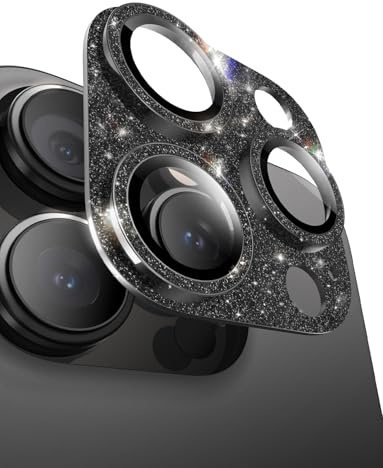 MAGIC JOHN 2 pezzi per iPhone 16 Pro/iPhone 16 Pro Max protezione fotocamera Bling Glitter personalizzato 9H vetro temperato anello metallico cover HD trasparente (nero)