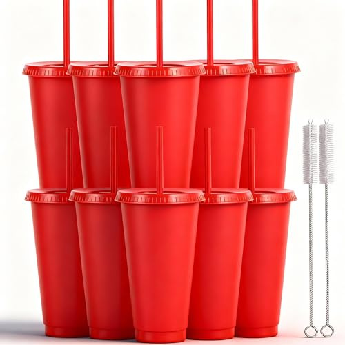 Yisituo 710ml Reusable Plastic Cups, 10 Pack Cold Cups with Lid and Straw, Tumblers Travel Mugs for Adults and Madam Party and Beach, Pool Gatherings (10, Red)