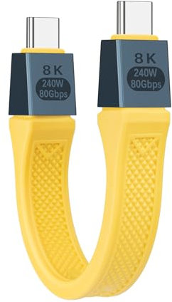 Seminer 240W Cavo Piatto Corto da USB-C a USBC（13CM）, Compatibile con Thunderbolt 5/4 da 80Gbps, Ricarica Veloce, OTG e Supporto per Display 8K per Tutti i Dispositivi Type-C-Giallo