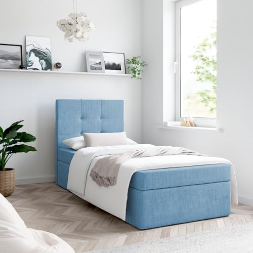 Generisch Moderne Bett MERA MINI Boxspringbett mit Bettkasten Ziernähten Bonell Matratze H3 Federkern ohne Topper Polsterbett Einzelbett Schlafzimmer (Blau: Aura 13, 80 x 200 cm)