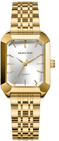 GOLDEN HOUR Rechteckige Quarzuhr für Damen, goldfarbenes Edelstahlband