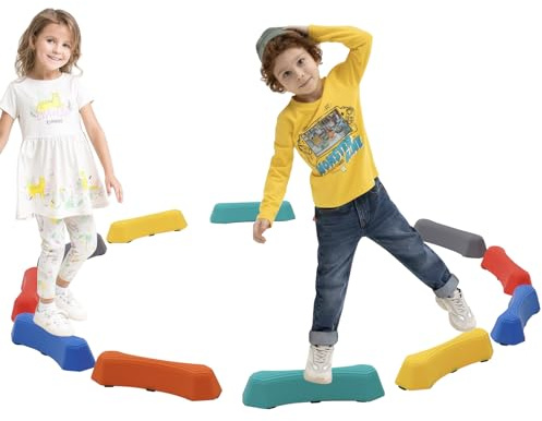 Balancebalken Schwebebalken für Kinder mit 12 Bunte Stapelsteine Balanciersteine ，Balance Board Kinder Motorik & Koordination