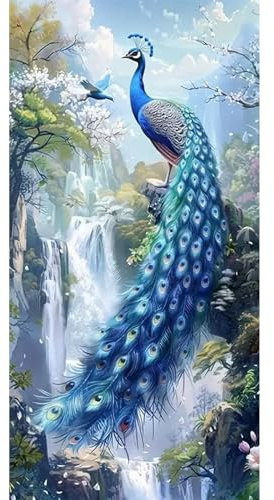 GLIDIAM 45x85cm Diamond Painting Pfau Groß Wasserfall, Diamant Malerei Bilder Tiere, DIY Full Drill Basteln Erwachsene, Mosaik Stickerei Kreuzstich Geschenk für Wanddeko Wohnzimmer Schlafzimmer