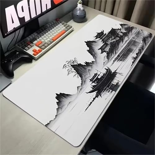 Tapis de Souris Gaming XXL 1500x800x3mm Grand Tapis de Souris Gamer sous-Main Bureau Gamer Large Haute précision et Vitesse pour la Maison et Le Bureau (Peinture à L'Encre de Paysage)