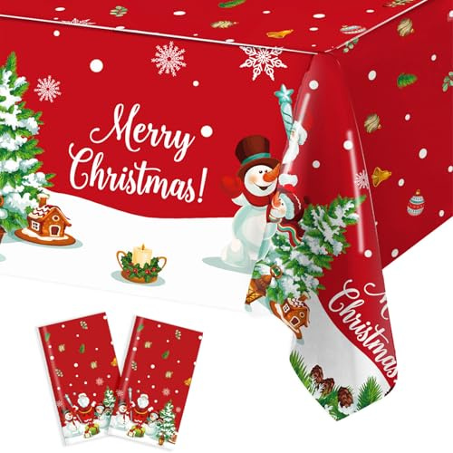 Weihnachtstischdecke, 220 x 130 cm, Rot, Schneemann, Frohe Weihnachten, Tischdecke, rechteckig, groß, Weihnachtstischdecke für Weihnachtsfeier, Winterurlaub, Weihnachtstischdekorationen
