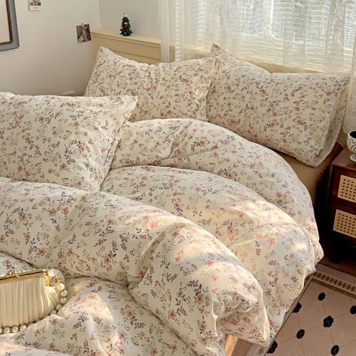 Covebett Bettwäsche 135x200 Blumen Braun Beige Blümchen Botanisch Muster Wendebettwäsche Set Aesthetic Blumenwiese Pflanzenmuster Mikrofaser Bettbezug Reißverschluss und Kissenbezug 80x80cm