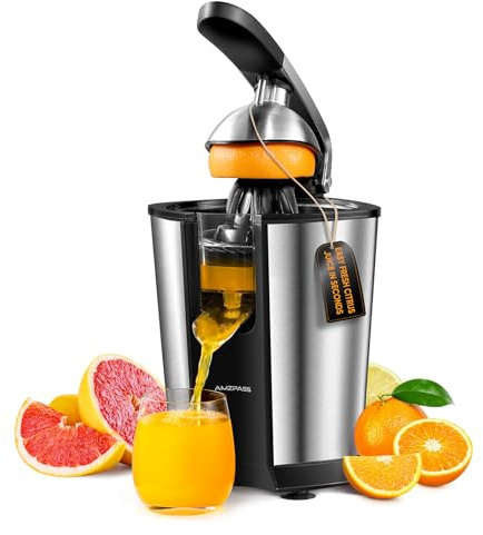 Amzpass Orange Juicer Electric, Citrus Juicer Squeezer with 2 Cones and Soft Grip Handle for Effortless Juicing, Stainless Steel Quiet Orange Juice Extractor Machines for Lime Grapefruit Lemon