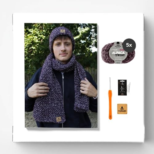 myboshi Häkelset Schal Denver Twist für Anfänger, inkl. Wolle, Häkelnadel, Wollnadeln, Anleitung, Label 50% Polyacryl, 25% Alpakawolle, 25% Schurwolle Burgunder mit Häkelnadel