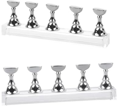 SEWACC Magnetic Nail Tips Convenient to Use Practice Display Stand 2 Sets Nail Art Accessories and Practicing with 5 Acrylic and Metal Stands Bar Silver