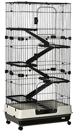 PawHut Grande Cage enclos Lapin à 5 Niveaux, Parc Lapin pour furets et Chinchillas avec 3 Portes, 5 rampes, Plateau Amovible et roulettes, 81 x 52,5 x 159 cm, Noir et Gris