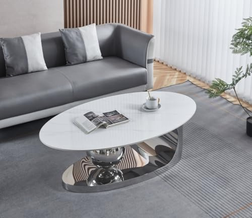 Modern Oval Coffee Table with Sintere Stone Marble Effect Top, Light weight Stainless Steel Base, Living Room Furniture (Grey)