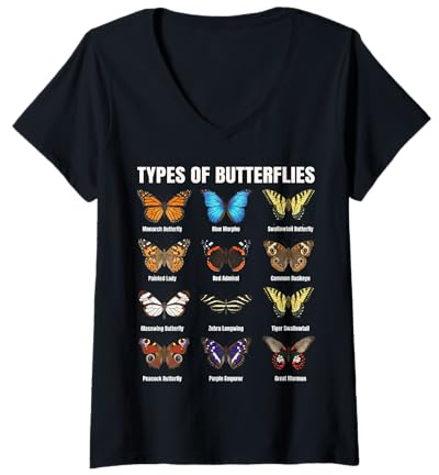 Femme Types de Papillons, Tableau des espèces de Papillons T-Shirt avec Col en V