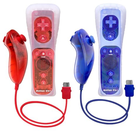 SONVIEE Manette de Wii Remote Controller avec Motion Plus et Nunchuck Contrôleur Joystick Télécommande de Remplacement pour Wii avec étui en Silicone et Dragonne (Rouge&Bleu)