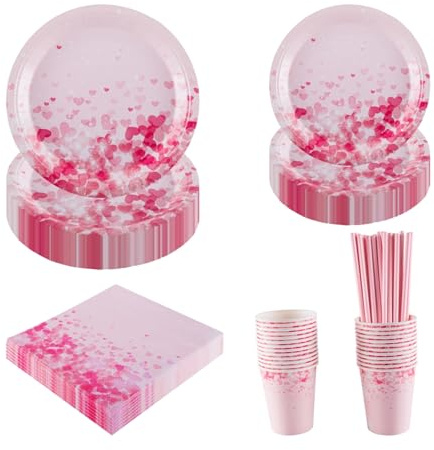 CEILIWEN Pink Heart-Themed Party Tableware Set for 25 Guests - with 9'' & 7'' Paper Plates, Cups, Napkins & Straws - for Valentine's Day, Mother's Day, Birthday, Wedding, Baby Shower
