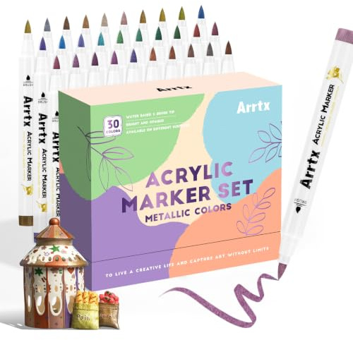 Arrtx Lápices acrílicos metálicos, 30 colores, marcadores acrílicos impermeables para pintar piedras, cerámica, vidrio, lienzo, tazas, madera, huevos de Pascua y manualidades