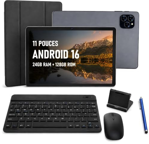TABWEE Tablette Tactile 11 Pouces avec Clavier, Android 16, 128 Go, Gris | 24 Go RAM (8 + 16 Go virtuels), Écran FHD, Extension microSD Jusqu’à 2 To, Batterie 8000 mAh, Souris et Stylet Inclus
