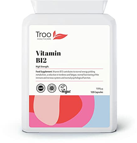 Troo Health Care Vitamin B12 Methylcobalamin Supplement 1 mg - 120 Easy Swallow Daily Capsules - High Strength 1000 mcg per Capsule – Energy and Nervous System Support - UK Made to GMP Standards