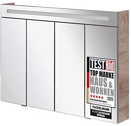 FACKELMANN TWINDY LED-Spiegelschrank Eiche Natur, 110 x 79 x 17 cm, Badschrank mit Falttürentechnik und 3D-Effekt – Optimal für stilvolle Badezimmer