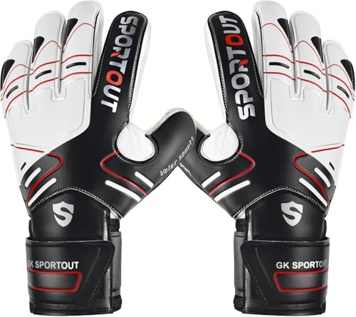 Sportout Torwarthandschuhe, Fußballhandschuhe mit Fingersave, Torwarthandschuhe Kinder,Herren mit rutschfeste 4mm Latex, Torwart Handschuhe für Kinder, Erwachsene und Jugendliche (Black, 6)