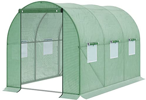 Outsunny Walk-in Polytunnel Greenhouse, Outdoor Garden Tunnel Greenhouse Tent with Zipped Roll-Up Door and 6 Mesh Windows, 3 x 2M