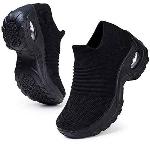 HKR Womens Walking Tennis Shoes Slip On Light Weight Mesh Platform Nursing Shoes Cushioned Sneakers All Black US 9.5(1839 EU 42)