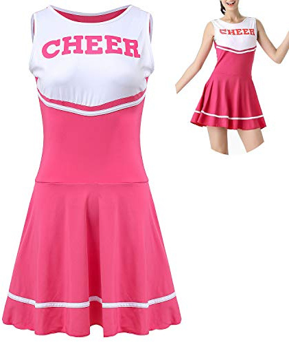 ThreeH High School Girls Musical Uniform Fancy Dress Cheerleader Costume Outfit One Size No Pom-Pom,Rose