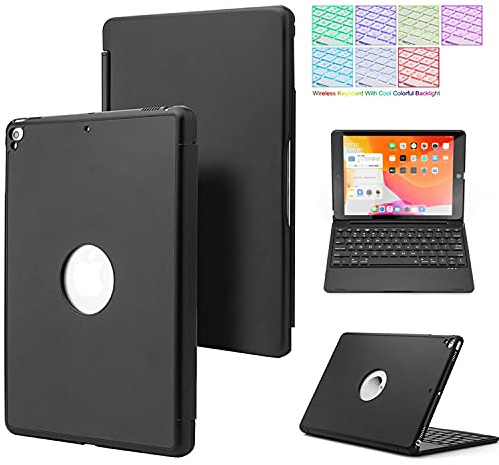 QYiD Funda con Teclado para iPad 10.2 8ª/7ª Gen, Air 3, Pro 10.5, 7 Colores Retroiluminación Teclado Bluetooth 360 giratoria Funda de Aluminio para iPad 10.2/ iPad Air 3/ iPad Pro 10.5, Negro