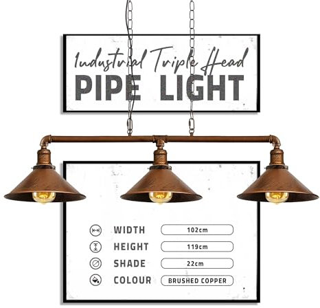 DC VOLTAGE Industrial Suspended Ceiling Pendant 3 Lamp Brushed Copper Metal Water Pipe Vintage 22cm Shade with Hanging Chain Light Fitting for Kitchen Living Room Home Decor & Improvement Essential