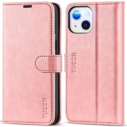 TUCCH Funda Billetera Cuero PU para iPhone 13 5G 2021, Rosa Claro | Bloqueo RFID, Soporte Plegable, Cáscara TPU Prueba de Golpes, Ranura para Tarjeta, Funda Libro