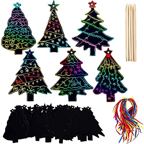 WELLXUNK Dessin Gratter pour Enfants, 48 Noël Carte à Gratter, Dessin Carte à Gratter pour Enfants, Rainbow Feuilles à Gratter Noir Papier Gratter avec 48 Rubans Colorés,12 Pièces Stylet en Bois