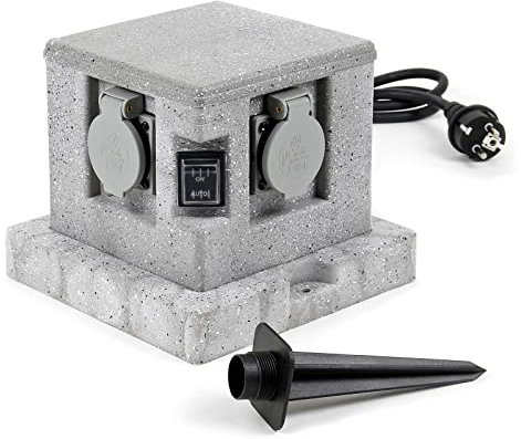 Gartensteckdose 4fach in Granitoptik, IP44, Außensteckdose mit Sensor für Dämmerung und 1,5m Kabel