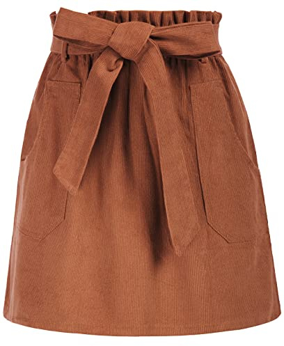 KANCY KOLE Women Paperbag High Waist Elastic Belted Corduroy Skirts with Pockets Short Mini Skirt Rust Brown