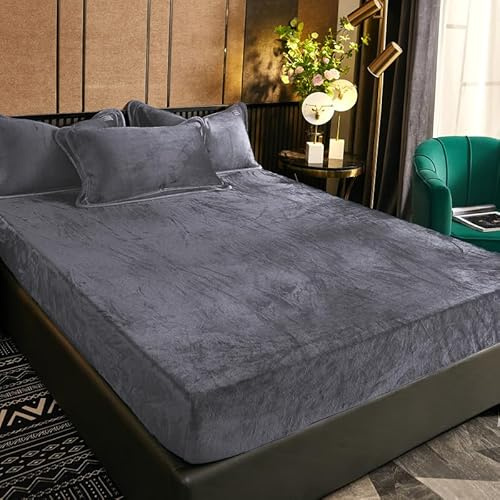 Luofanfei Winter Plüsch Spannbettlaken 100x200cm Hellgrau Graue Warm Kuschel Bettlaken Spannbetttuch Samt Frottee Flanell Spannbetttücher Weich Uni Muster Leintuch für Boxspringbett Hohe Matratze