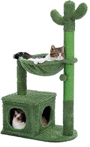 MUTTROS Árbol de cactus para gatos de 40 pulgadas, torre para gatos con hamaca grande de metal, poste rascador para gatos de interior con condominio y bola de juguete reemplazable, color verde