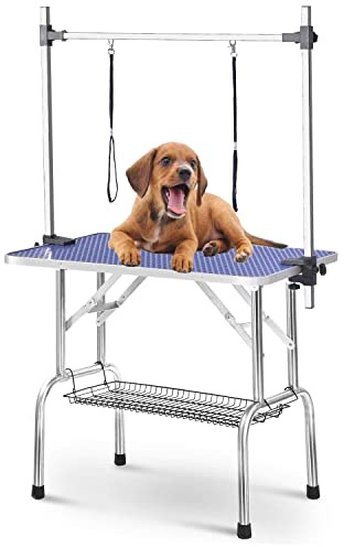 36 Dog Grooming Table Foldable Pet Grooming Tables with Adjustable Arm Noose Storage Mesh Tray Maximum Capacity Up to 330lbs Blue