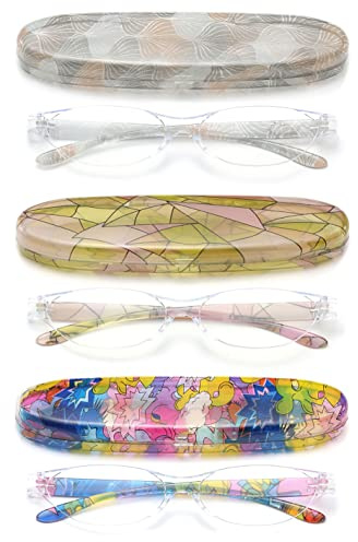 VEVESMUNDO Damen Lesebrille Blaulichtfilter Katzenaugen Vintage Blumen Randlos Rahmenlos Anti Blaulicht Lesehilfe Sehhilfe mit Etui