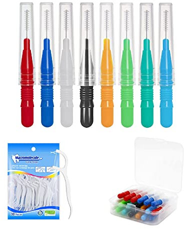 40 Stücke Interdentalbürsten Dentalbürsten, Mini Zwischenraum Zahnbürste Zahnzwischenraumbürsten, Zahnzwischenraumreiniger Wiederverwendbar mit 30 Zahnseide und Aufbewahrungsbox (8 Farben)