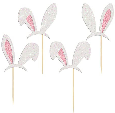 Gyufise 24 Pack Bunny Ear Cupcake Toppers - Pink, White Glitter - Easter, Birthday, Baby Shower, Engagement, Wedding - Cake Topper Decorations