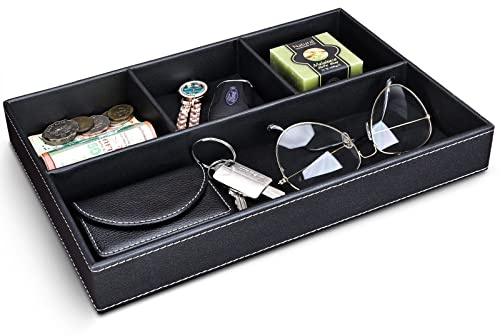 GORESE Faux Leather Valet Tray for Men, Stackable Jewelry Trays Drawer Organizer Tray Nightstand Organizer for Men, EDC Tray for Key, Wallet, Sunglass, Watch, Coin, Phone, Cologne - Black