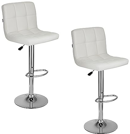 Baroni Home Juego de 2 Taburetes de Bar o Cocina de Tejido Acolchado, Ajustable y Giratorio De 360°, con Respaldo y Reposapiés, Estructura de Acero Cromado, Color Blanco de Piel Sintética