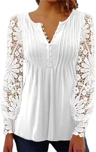 BISKAMY Tops for Women UK Elegant Ladies Tops Lace Patchwork Shirts Long Sleeve V Neck Blouse Plus Size Casual Loose T-Shirt， White Large