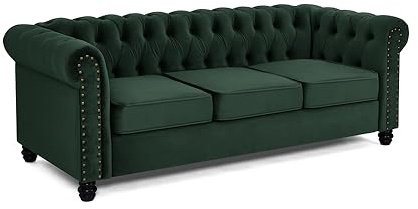 Home Detail Chesterfield Sofa Velvet Upholstered Couch in 2 Seater or 3 Seater Fabric Sofa in Grey, Blue, Black, Green, Gold (3 Seater, Green)