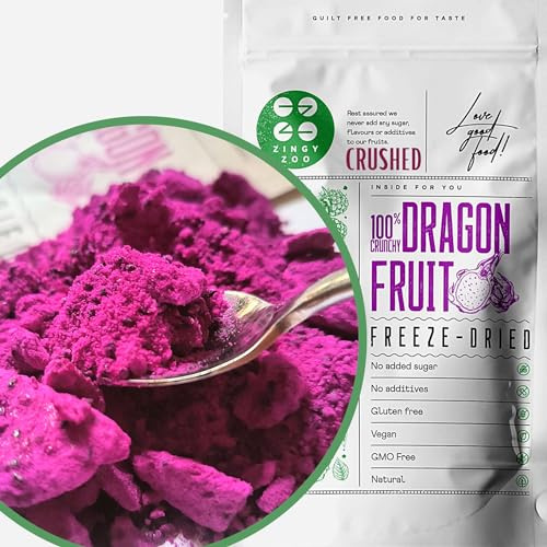 ZingyZoo Frutto del Drago Essiccato Senza Zucchero|XL 300g Polvere di frutta tritata con alcuni pezzi|Freeze Dried Dragon Fruit Crushed|Gefriergetrocknete Drachenfrucht Liofilizzato