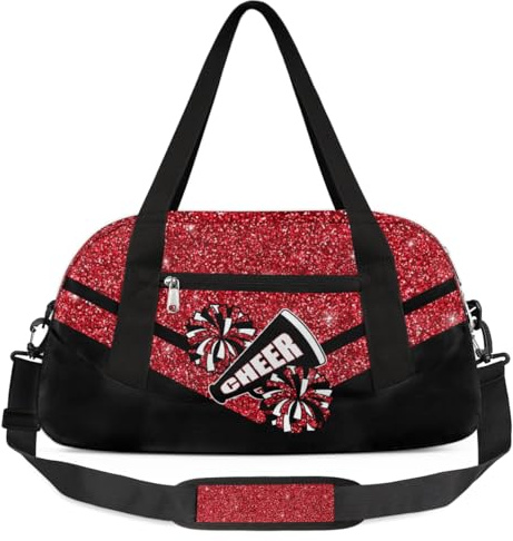 OMFUNS Cheerleading Kids Overnight Duffel Bags for Girls Red Glitter Sport Gym Bag Duffel Bag for Travel Weekender Practice Gymnastics Ballet School Gym Sleepover Bag