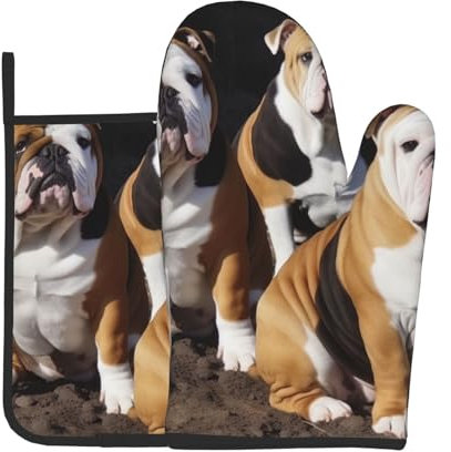 Ofenhandschuhe und Topflappen, Motiv: Englische Bulldoggen, 2 Stück, hitzebeständige Küchenhandschuhe und heiße Pads zum Kochen, Backen, Grillen