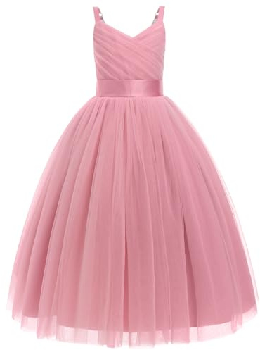 Flower Girls Princess Pleated Long Dress Wedding Bridesmaid Prom Ball Gown Dresses Embroidered Floral Lace Elegant V Neck Dress Dark Pink 120