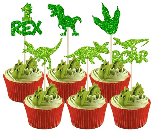 Gyufise 24Pcs Dinosaurier 1. Geburtstag Cupcake Toppers Grün Glitter 1 Rex Roar Erster Geburtstag Dinosaurier Cupcake Picks Ein Jahr alt Dino Thema Dusche 1. Geburtstag Party Kuchen Zubehör