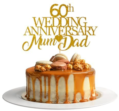 60th Wedding Anniversary Mum & Dad Cake Topper – Diamond Wedding Glitter Card Cake Topper Decorations (GOLD)