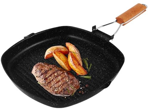 Griddle Pan, Nonstick Carbon Steel Grill Pan with Folding Wood Handle, Portable Grilling Pan Square Grill Skillet, Sear Grill Broil Fry, Indoor Outdoor Cooking for Meat Fish and Vegetables(20cm)