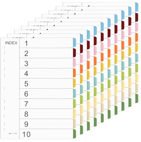 TMBMLPP 10 Pack File Dividers A4, 1-10 Part Dividers A4, Coloured Page Dividers, Ring Binder Dividers, File Dividers for Lever Arch, Subject Dividers, for Office School Index Dividers